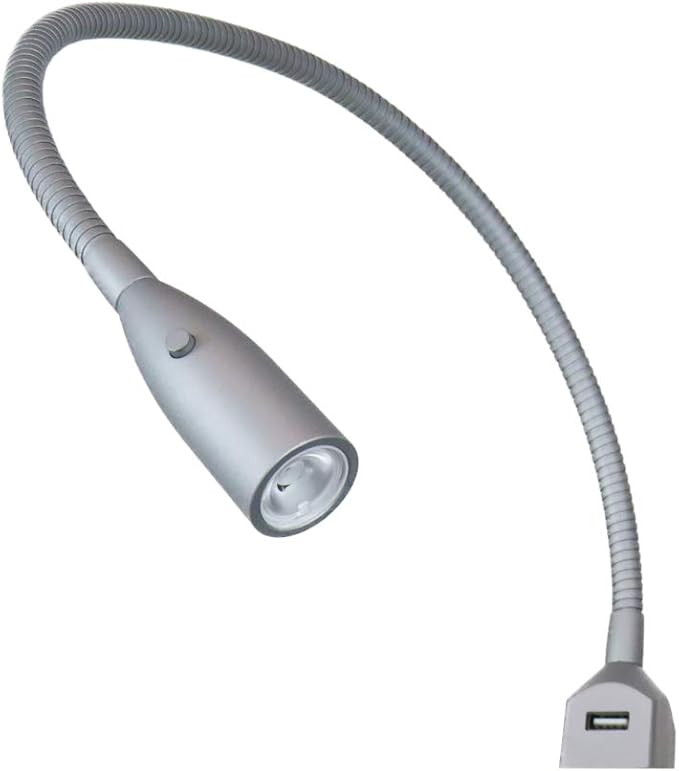 kalb Material für Möbel Flexible LED-Bettleuchte mit USB-Ladefunktion, beweglichem Flexarm und Schalter, 1er Set silbergrau